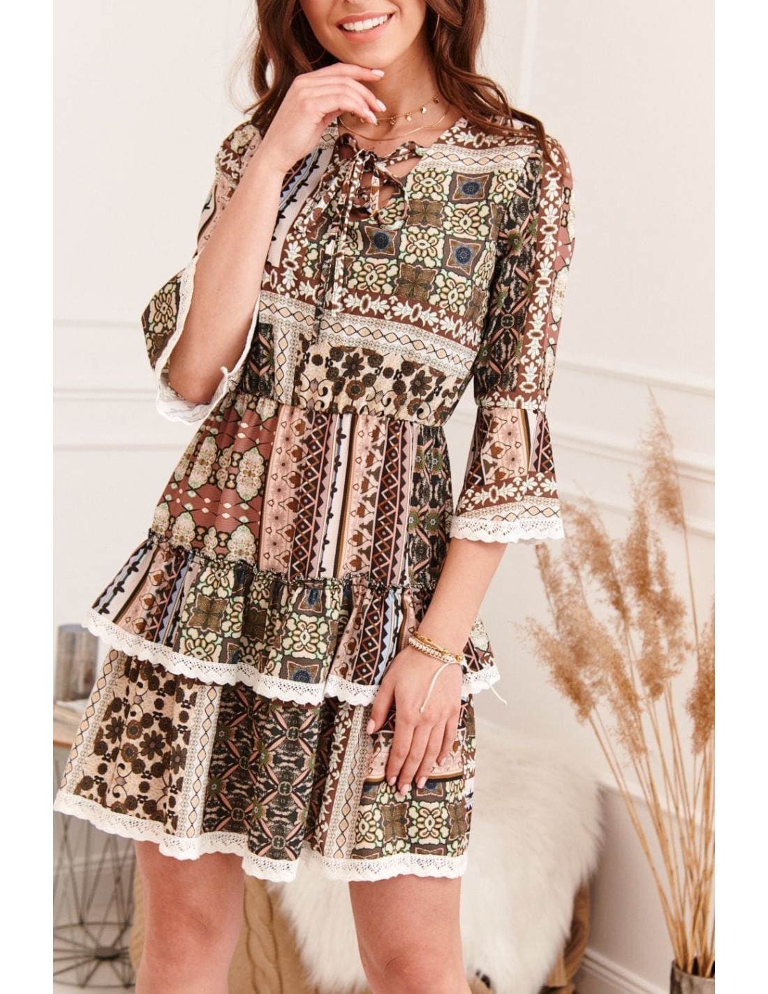 Patterned dress with ruffles 10865 - Online store - Boutique